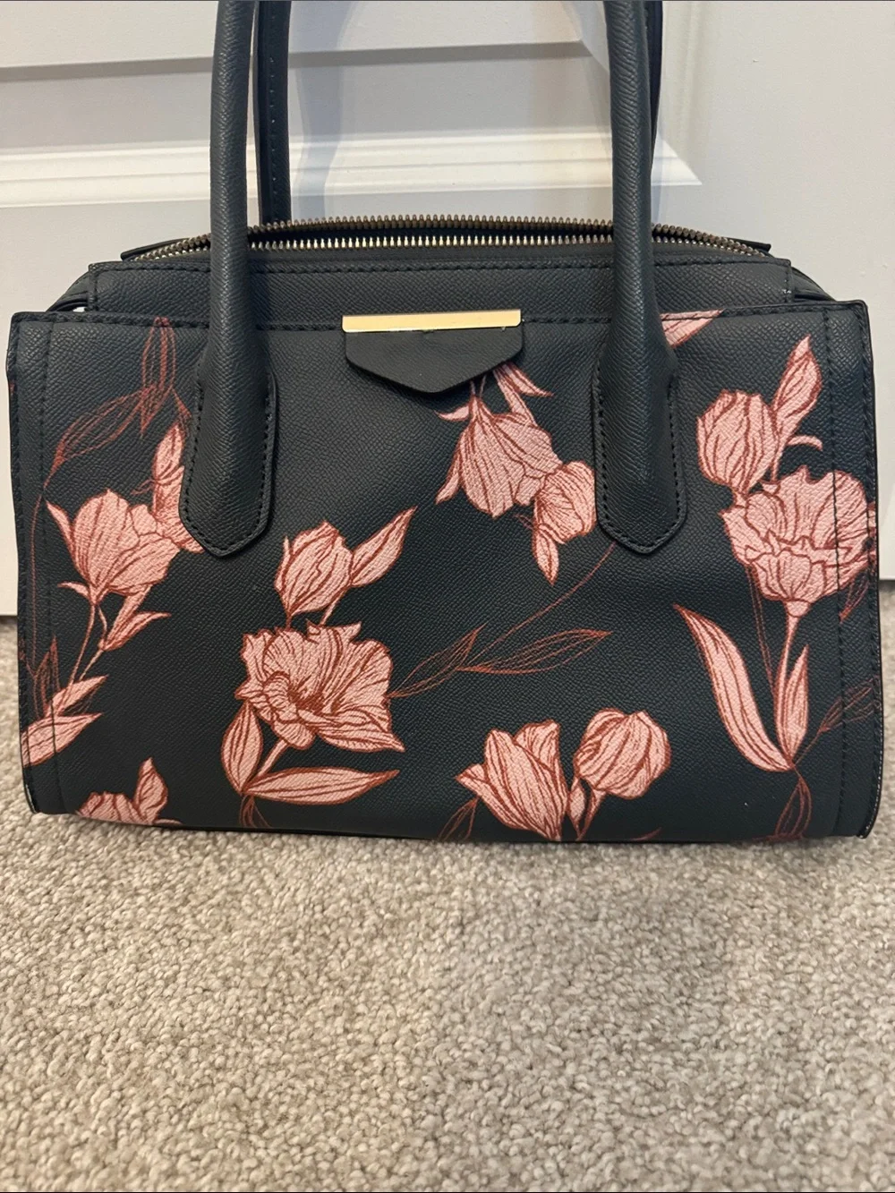 a new day Dark Green Satchel with Blush Pink Floral Print and Gold Accent